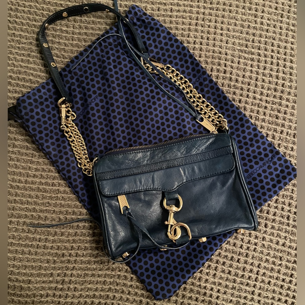 Rebecca Minkoff Dark Blue Crossbody Bag with Gold Chain